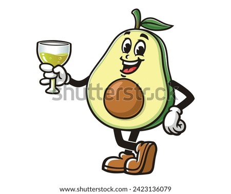 Avocado with a glass of drink cartoon mascot illustration character vector clip art hand drawn