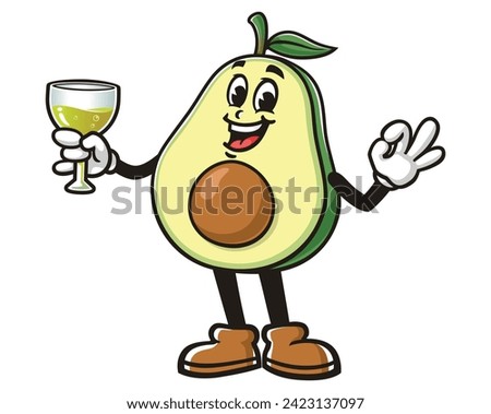 Avocado with a glass of drink and okay hand pose cartoon mascot illustration character vector clip art hand drawn