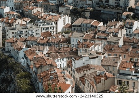 Panoramic cityscape of old buildings in Marseille from Basilica of Notre-Dame of la Garde in France