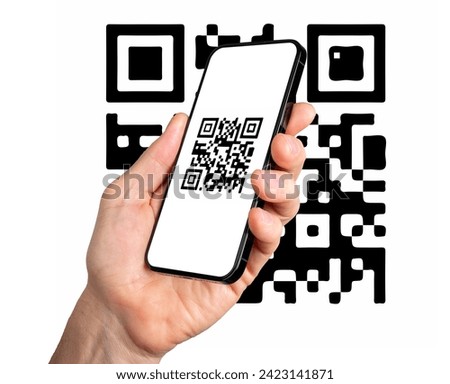 Scanning QR code with mobile phone application. QRcode scanner app on screen in hand isolated on white background