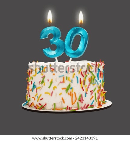 30 shaped candle light on happy birthday cake isolated on white background