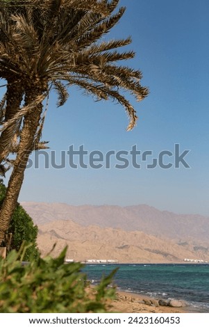 Beautiful beach in Dahab with desertic mountains behind