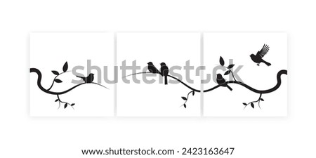 Birds on branch silhouette vector. Black and white wall artwork, birds on tree design, birds silhouette. Art design isolated on white background, three pieces poster design