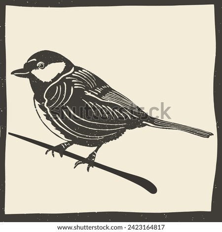 Tit isolated vector illustration in linocut style. Vintage stamp design for print. Use for your creative graphic design projects, lithographs, postcards, invitations, tattoos