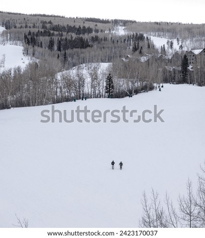 Two men walking up a mountain to ski because the lifts are not open yet. Determination. Eagle County, Avon Colorado 
