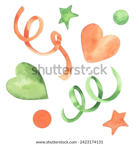 Water color drawing of festive many flying party streamers. Orange, green colors. Hand drawn watercolor painting, cut out clip art elements for design decoration. Isolated on white background