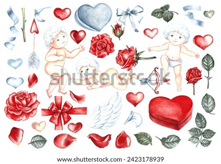 A set of clip art for Valentine's Day or a wedding. Hand-drawn watercolor illustration. Isolates. A design element for the design of postcards, packaging and labels, posters and flyers, prints.