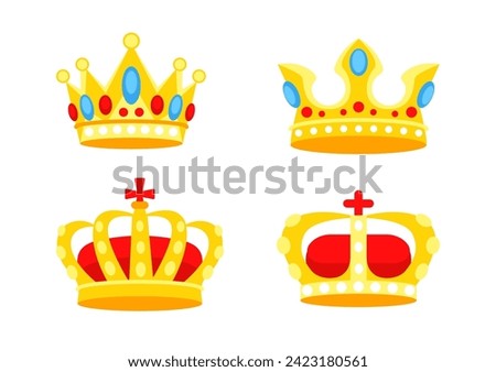 Gold crown. Crowning headdress for king and queen. Golden royal jewelry. Vector illustration