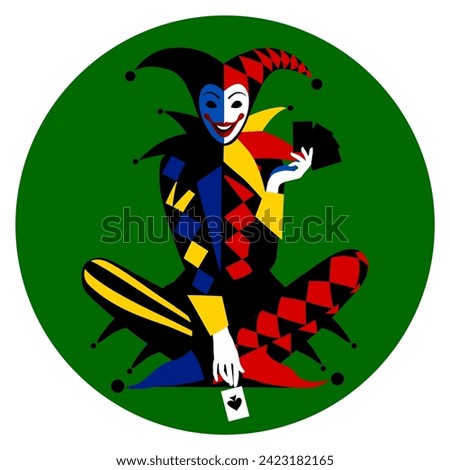 A multicolored joker with playing cards in his hands sitting cross-legged on a green round background. Vector illustration in flat design style