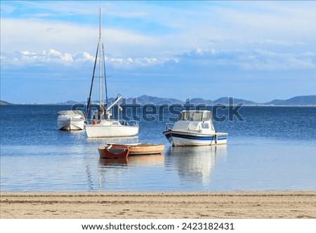 Sailing boats of different sizes by the shore of the Mar Menor