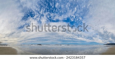 Beautiful blue sky and dramatic clouds over the ocean shoreline in panoramic format. No data licensing. Royalty-Free Stock Photo #2423184357