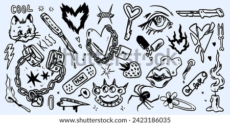 Set of grunge doodles and retro badges collage. Graffiti or tattoo hand drawn with marker, wax crayon or brush paint sticker or emblem. Groovy punk rock collection with emo, Gothic or magic elements. Royalty-Free Stock Photo #2423186035