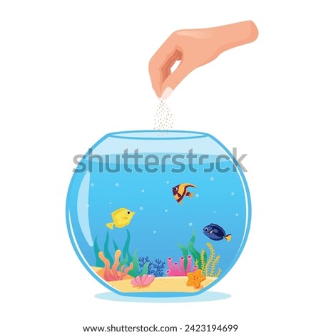 Vector illustration of a woman's hand feeding fish at home, close-up round aquarium Royalty-Free Stock Photo #2423194699