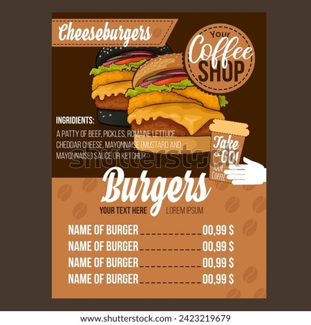 Menu with burgers. Advertising template. 