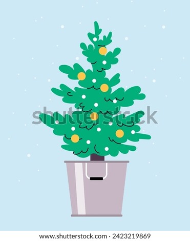 Christmas tree with garland concept. Decor element for winter holidays and New Year, Noel Eve. Sticker for social networks. Cartoon flat vector illustration isolated on blue background