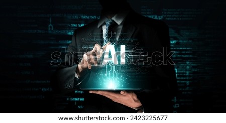 Human interact with AI artificial intelligence brain processor in concept of AI artificial intelligence engineering, big data and AI machine learning to use generative AI for business support. NLP. Royalty-Free Stock Photo #2423225677
