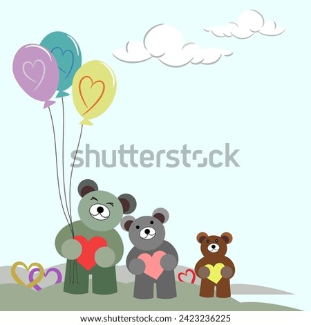 Teddy bear family, balloons, hearts, postcards, greeting cards, Valentine's Day, vector illustration, background, vector image