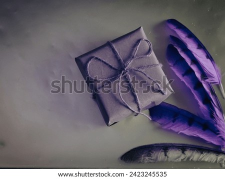 Gift box with purple feathers, birthday magic concept