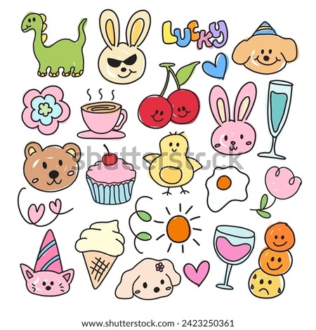Kid drawing and kid colouring style of dinosaur, rabbit, bear, cupcake, cherry, flowers, coffee, fried egg, ice cream cone for sticker, fabric print, decorations, tattoo, social media post, clip arts