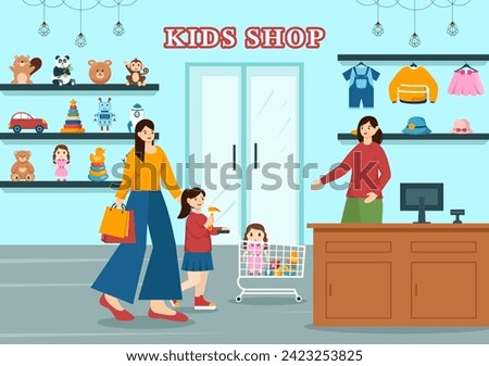 Kids Shop Vector Illustration with Boys and Girls Children Equipment such as Clothes or Toys for Shopping Concept in Flat Cartoon Background