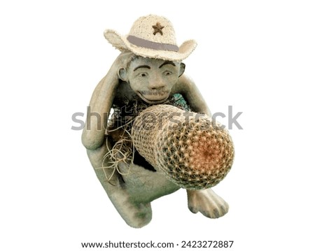 The  background in the picture is a cactus plant growing in a small pot. The picture shows a bearded man wearing a hat sitting supporting a cactus plant.
