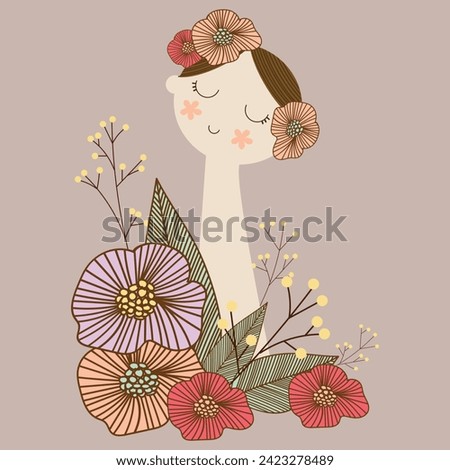cute woman with flower floral and plant hand drawn clipart vector illustrationfor decoration invitation greeting birthday party celebration wedding card poster banner textiles wallpaper background