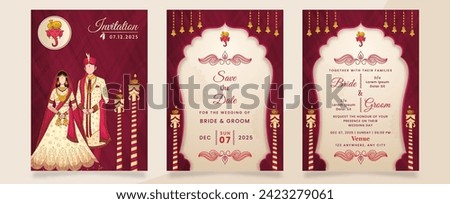 Wedding Invitation Template Layout With Indian Faceless Couple Image In Red and Beige Color. Set of 3 Pages. Royalty-Free Stock Photo #2423279061