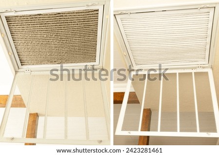 Before And After. Clean And Dirty Stainless Steel Pleated Ac Furnace Filters With Carbon. Air Filter Allergen Reduction Dust. Intake Vent, Home Air Conditioner. Horizontal Plane. HVAC System. Royalty-Free Stock Photo #2423281461