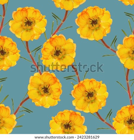 Portulaca. Decorative art-deco design element, floral ornament. Seamless pattern for bandana, shawl, hijab, neck scarf. Kerchief design or tablecloth print, scarf, towel. For textile, cotton fabric. Royalty-Free Stock Photo #2423281629