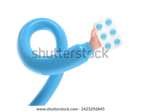 3d render. Pack of pills icon. Doctor or pharmacist cartoon hand with black skin holding drugs. Medical healthcare illustration. Pharmaceutical clip art.3D rendering on white background.long arms conc