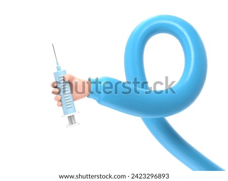 3d render. Doctor cartoon hand holding big syringe with vaccine against virus. Medical healthcare illustration. Pharmaceutical clip art.3D rendering on white background.long arms concept.
