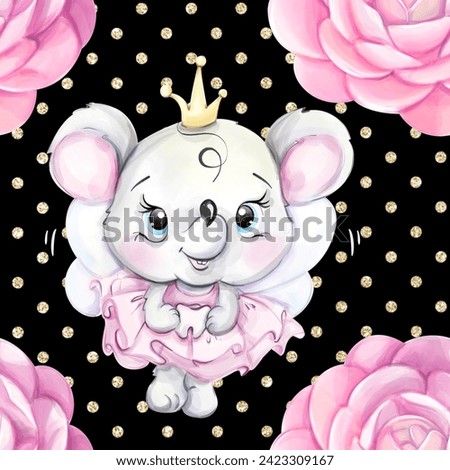 Watercolor seamless pattern princess fairy tooth and roses. Medical clip art. Cartoon mouse with crown. Background for textile, printable, congratulations