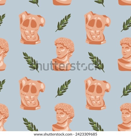 Ancient Greek seamless pattern on  blue background with bust of Apollo, statue and olive branches on blue sky background. Historical pattern for unique designs and wrapping paper