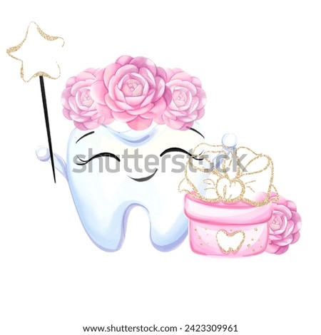 Watercolor gifts from fairy tooth with roses and with a magic wand. Congratulation first teeth. Dental clip art