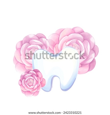 Watercolor illustration tooth and flowers. Cartoon medical clip art for child. Roses and congratulations