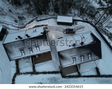 flight over the city, drone, quadcopter, mountains, hills, winter landscape, rural houses, Norwegian house, village, cloudy weather, winter cityscape, winter, snow in the village, snow, scandinavia