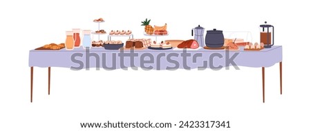 Buffet-style table, smorgasbord with food and drinks for breakfast, morning meal. Coffee, bakery and snacks station for self-service lunch. Flat vector illustration isolated on white background Royalty-Free Stock Photo #2423317341