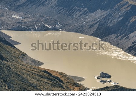 Looking down from the Sealy tarns walk in Aoraki Mt Cook National Park to the Hooker Valley track below