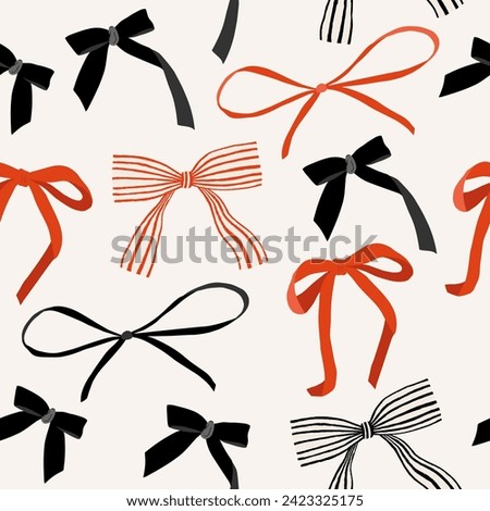 Various colorful Bow knots, gift bows. Hand drawn trendy Vector illustration. Wedding celebration, holiday, party birthday decoration, gift, present concept. Seamless Pattern, abstract background