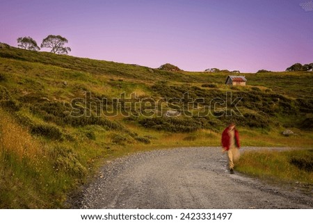 Slow shutter speed image of man walking down country road in early morning with pink sky. 