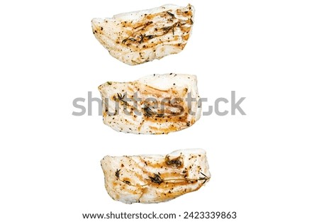 Baked cod fish fillet with spice. Isolated on white background. Top view