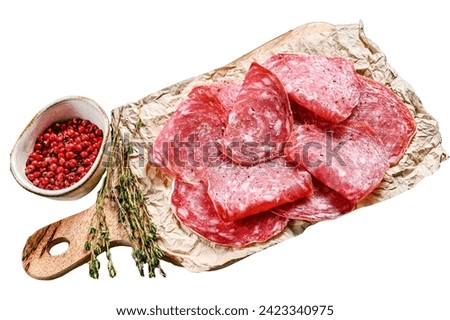 Raw smoked Salami sausage slices. Isolated on white background. Top view
