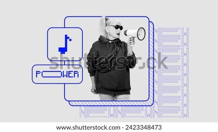 Senior woman with megaphone and pixelated music note icon. New power. Seniors becoming influential social media personalities. Concept of elderly people and modern technologies, innovations