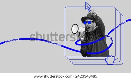 Senior man with megaphone, pointing upwards over dynamic blue graphic design. Impact of social media for connecting senior communities. Concept of elderly people and modern technologies, innovations