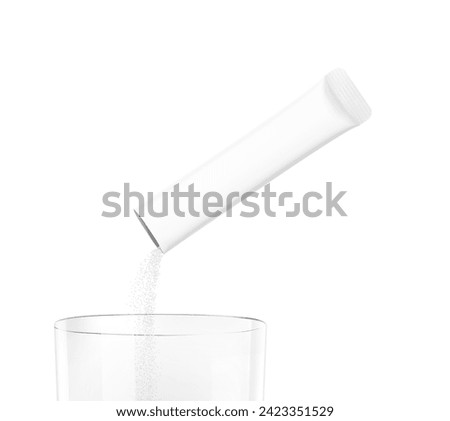 Stick pack pouring powder product on clear glass. Vector illustration isolated on a white background. Ready for use in presentation, promo, advertising and more. EPS10. Royalty-Free Stock Photo #2423351529