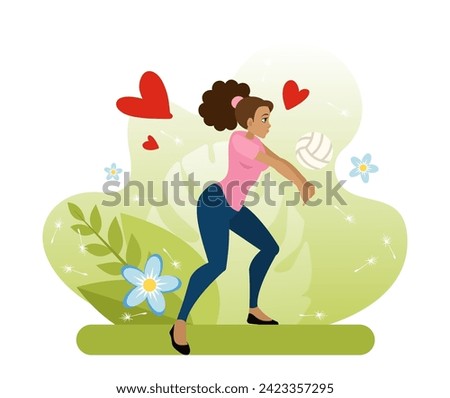 The girl put her hands together and took a pose preparing to hit a volleyball. Volleyball is a lifestyle. An active type of outdoor recreation in the park. Flat vector illustration in cartoon style