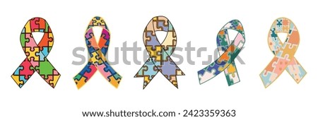 Set of awareness ribbons on white background. Concept of autism 