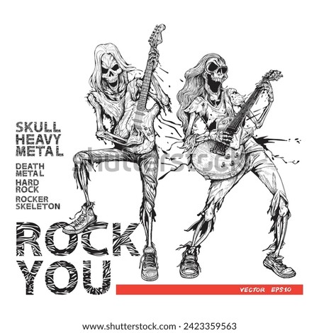 Hand Drawn Of Two Guys Skeleton Musician Rocker Playing Guitar Images, Illustration, Poster, Postcard, Vector , Tshirt, ceramic. 
