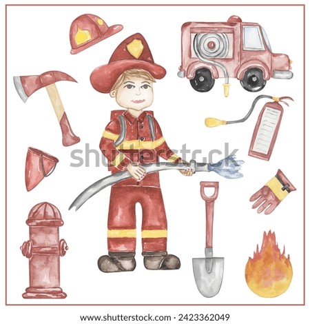 Watercolor  fireman clipart, hand drawn illustration. Fireman working, kids school card clip art, educational, cute children graphics with professions.