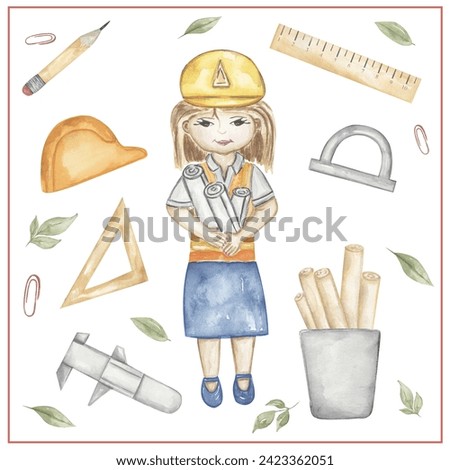 Watercolor engineer clipart, hand drawn illustration. Engineer working, kids school card clip art, educational, cute children graphics with professions.